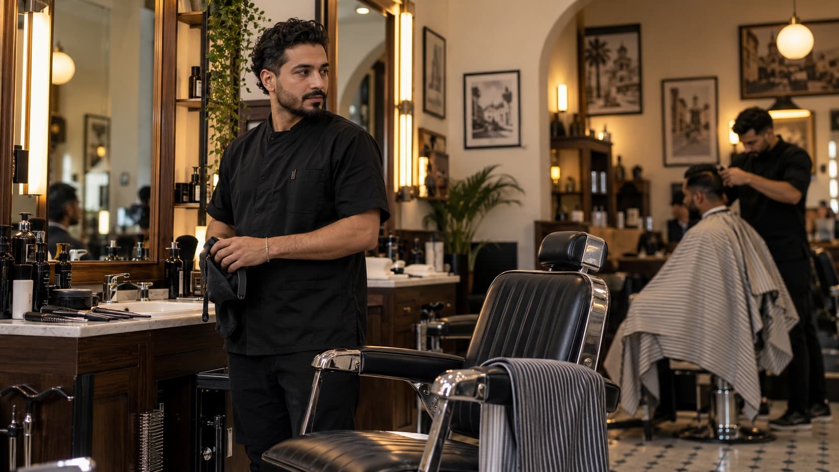 Un barbier à son fauteuil, tablier noué, dans un salon de coiffure chaleureusement éclairé.