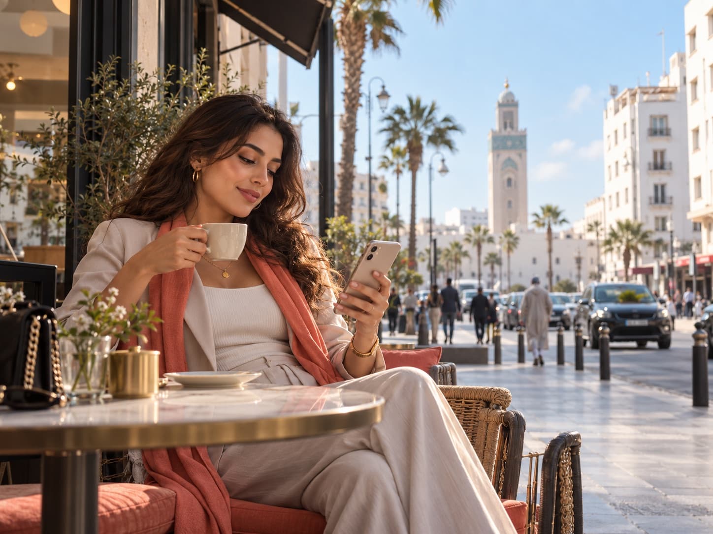 Une cliente consulte son téléphone à une table de café, à Casablanca.