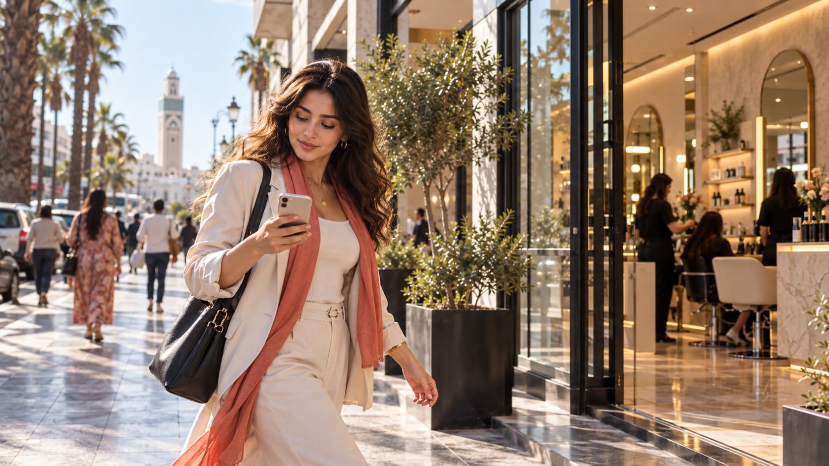 Une cliente consulte PinMiru sur son téléphone en marchant vers un salon, dans une rue commerçante.