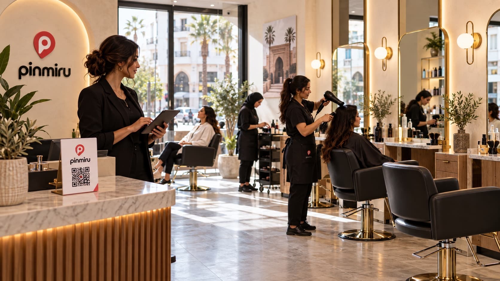 Un salon équipé de PinMiru : la carte QR posée sur le comptoir et la salle qui tourne.